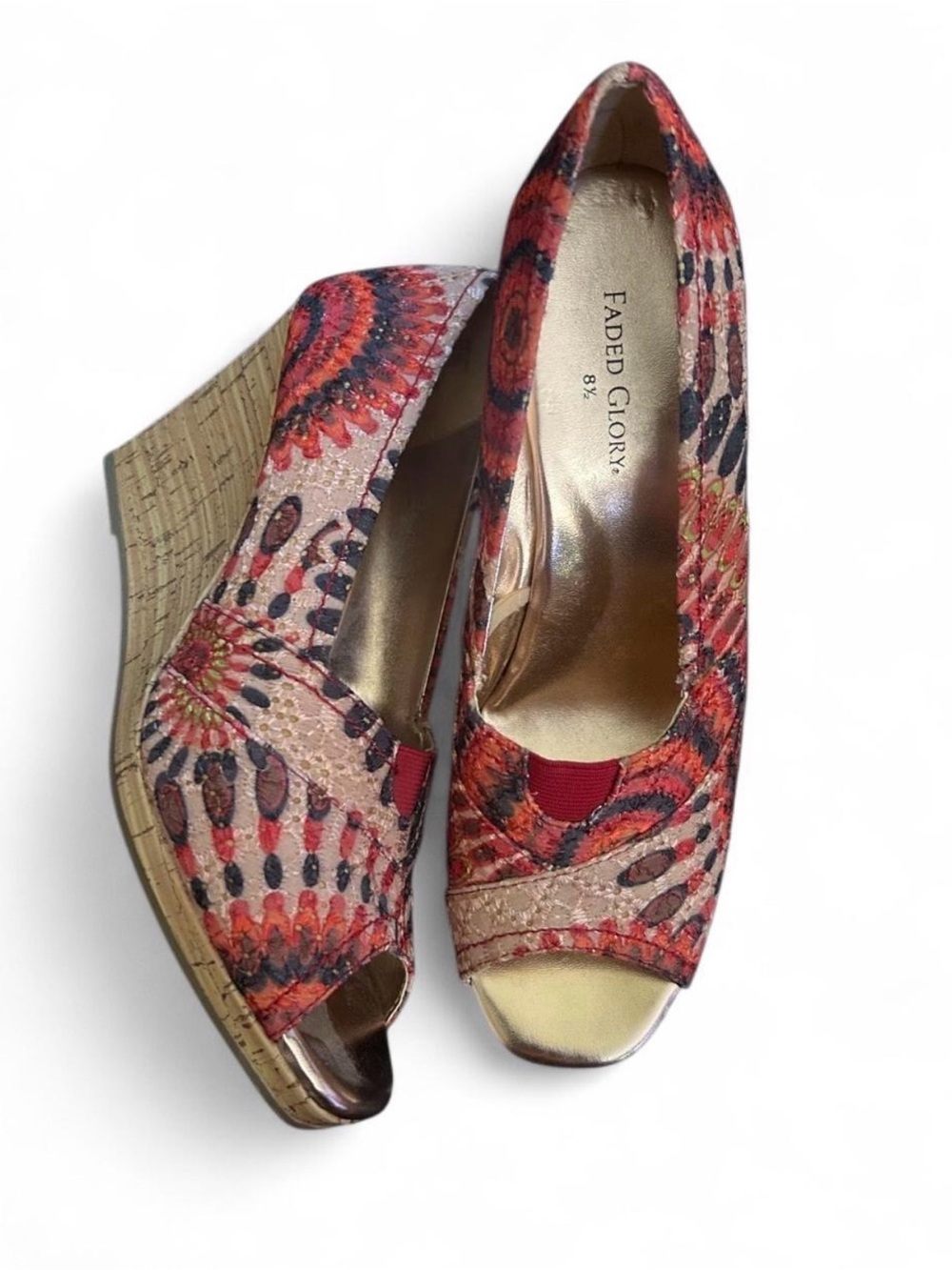 Faded Glory Red Multi-Pattern Peep-Toe Wedge Shoes